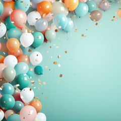 Colorful party balloons on blue background. Holiday party and birthday decoration.