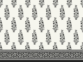 MONOCHROME SPRIG FLORAL WITH BORDER AJRAKH PATTERN AND BLOCK PRINT PATTERN BATIK PRINT BACKGROUND DIGITAL PRINTING TEXTILE PATTERN