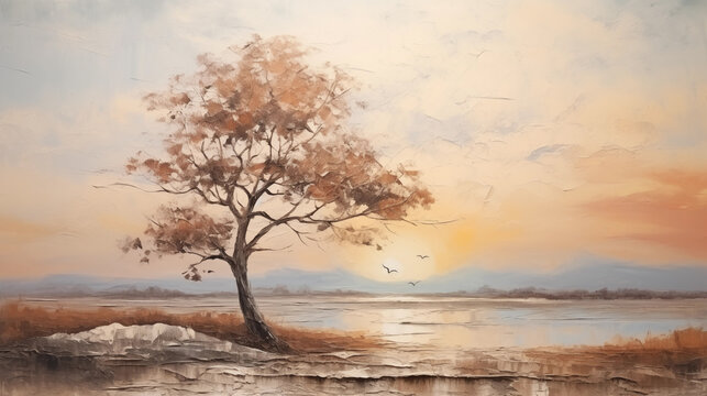 Oil painting landscape with tree and sun in fog