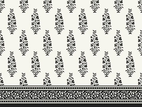 MONOCHROME SPRIG FLORAL WITH BORDER AJRAKH PATTERN AND BLOCK PRINT PATTERN BATIK PRINT BACKGROUND DIGITAL PRINTING TEXTILE PATTERN