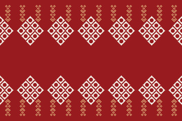 Ethnic geometric fabric pattern Cross Stitch.Ikat embroidery Ethnic oriental Pixel pattern red christmas day background. Abstract,vector,illustration. Texture,frame,decoration,motifs,silk wallpaper.
