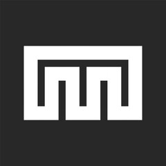 Initial M bold letter logo monogram from wide white stripes on a black background. Creative identity logotype from wide parallel lines.