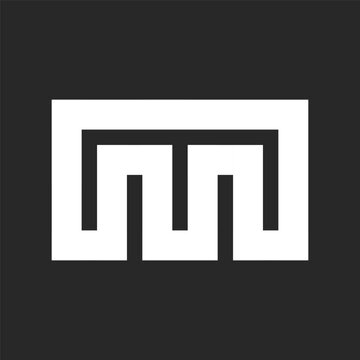 Initial M bold letter logo monogram from wide white stripes on a black background. Creative identity logotype from wide parallel lines.