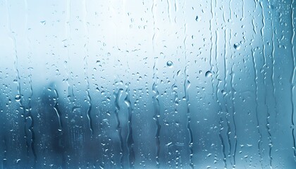 Rain drops on window glass, abstract background. Blue toned.