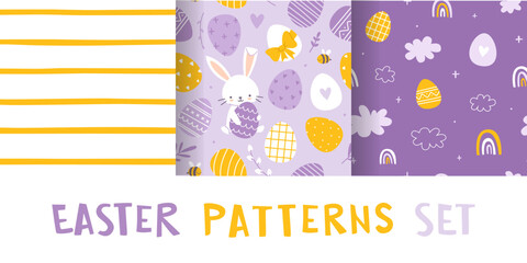 Fototapeta na wymiar Easter bunny and painted eggs cute pattern set. Purple seamless baby pattern collection for easter textile.
