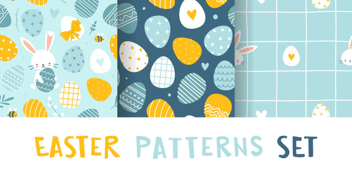 Easter bunny and painted eggs cute pattern set. Blue seamless baby pattern collection for easter textile.