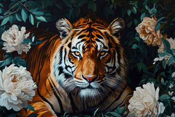 Tiger in white floral background, dark orange and green