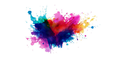 Bright colorful watercolor splash splatter stain brush strokes on white background. Modern vibrant aquarelle spot. Rainbow trendy isolated design on white. Element. Vector watercolor illustration.	