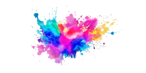 Bright colorful watercolor splash splatter stain brush strokes on white background. Modern vibrant aquarelle spot. Rainbow trendy isolated design on white. Element. Vector watercolor illustration.	