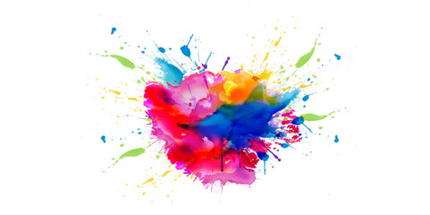 Bright colorful watercolor splash splatter stain brush strokes on white background. Modern vibrant aquarelle spot. Rainbow trendy isolated design on white. Element. Vector watercolor illustration.	