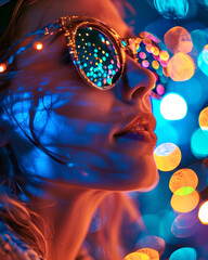 woman wearing sunglasses reflecting fireworks