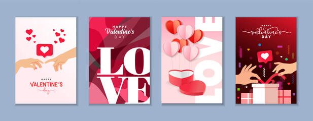 Creative Valentines Day greeting cards set. Happy Valentine's Day posters, couple hands, gifts, memphis style symbols, love sign and typography. Vector illustration