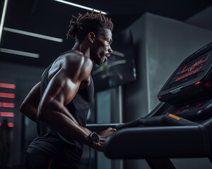 Focused Training: A man’s Intense Workout Session Amidst the Modern Gym Ambiance, generative ai