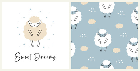 Set of cartoon cute lamb and seamless pattern. Cartoon animal background. Sweet dreams, cloud and dots. For wrapping paper, fabric, textile, wallpaper, card, print. Vector illustration