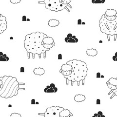 Cute black and white sheep seamless pattern. Cartoon farm animals background. Design for prints design, textile, fabric, wallpaper, wrapping paper. Vector illustration © LindaAyu