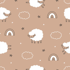 Cute sheep seamless pattern. White lamb, rainbow, stars and clouds. Cartoon farm animals background. Design for prints, fabric, textile, wallpaper, wrapping paper. Vector illustration