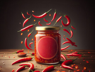 mockup of glass jar pes chillies sambal on wooden table, decorative with flying chillies