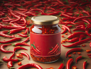 mockup of glass jar pes chillies sambal on wooden table, decorative with flying chillies