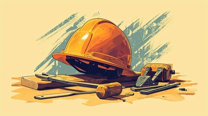 A minimalist illustration of a builder's hard hat adorned with tools, emphasizing the essential gear and equipment used in the construction industry on Builder's Day. [Builder's Da - obrazy, fototapety, plakaty