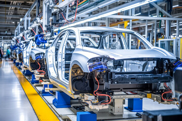 Naklejka premium Car factory conveyor belt assemblance line production with robots and artificial intelligence