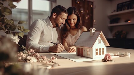 A married couple is considering documents for a mortgage loan - obrazy, fototapety, plakaty