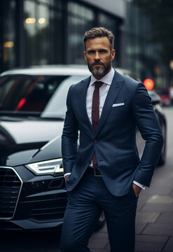 A handsome man 40 years near a black Audi RS3