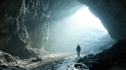 Man leaving dark cave, heading to light - obrazy, fototapety, plakaty