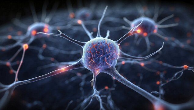Close-up view of a neuron cell with detailed structures and connection points.