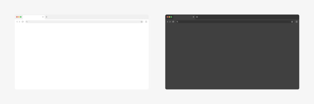 Web browser window screen mockup. Blank dark and light mood browser template black and white vector.