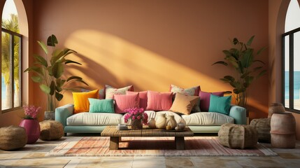 Fototapeta na wymiar Boho cozy living room design, bright wall mockup.
