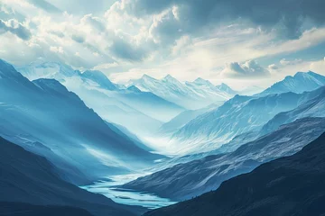 Foto op Canvas A mountainous landscape in the light blue sky style © BrandwayArt