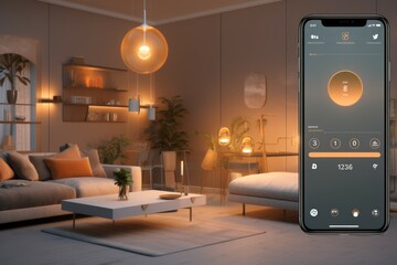 mobile phone with smart home app in modern living room