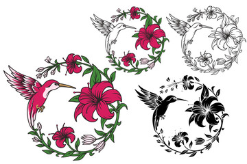 Floral Hummingbird Bundle, Hummingbird Clipart, Hummingbird Flowers vector, Humming Bird illustration, Bird, Hummingbird Vector, Hummingbird, Floral wreath Vector © DesignByNiher