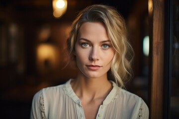 Fototapeta premium Happy attractive blonde woman in white silky bathrobe posing at white bathroom, smiling at camera, closeup portrait,