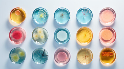 Petri dishes with bacterial culture on blue background