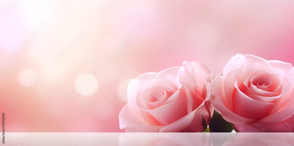 Poster horizontal banner with rose of pink color on blurred background. copy space for text. mock up templa
