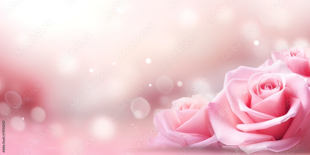 Poster horizontal banner with rose of pink color on blurred background. copy space for text. mock up templa