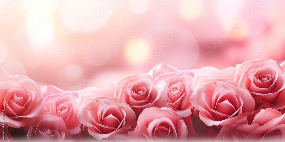 Poster horizontal banner with rose of pink color on blurred background. copy space for text. mock up templa