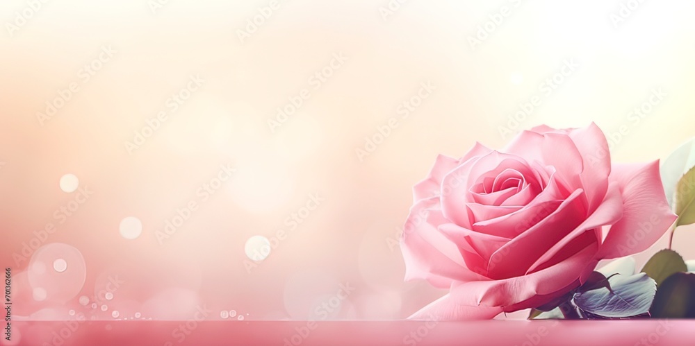 Poster horizontal banner with rose of pink color on blurred background. copy space for text. mock up templa