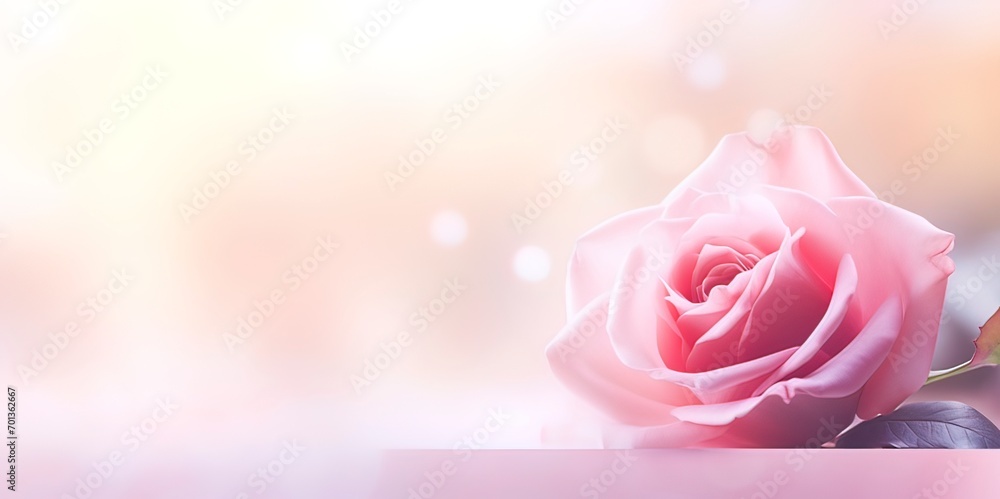 Poster horizontal banner with rose of pink color on blurred background. copy space for text. mock up templa