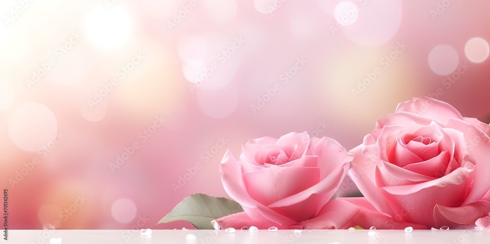 Poster horizontal banner with rose of pink color on blurred background. copy space for text. mock up templa