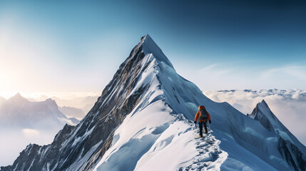 Person climbing to the of the mountain - successful reaching the summit of a high majestic mountain