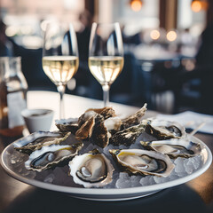 fresh oysters and wine - oyster plate served in a nobel restaurant with wine  - obrazy, fototapety, plakaty