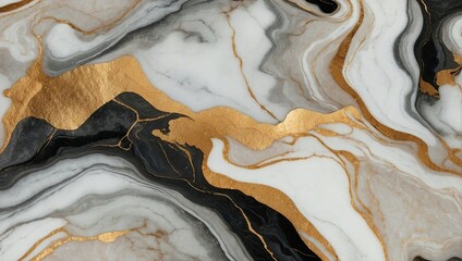 Marble texture features a mix of black and gold veins flowing through a white and beige background, creating a sophisticated and timeless elegance suitable for luxury finishes.
