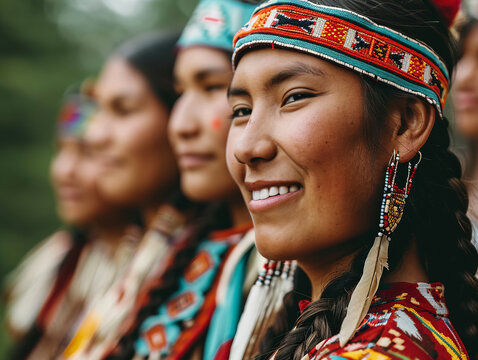 Smiling native indigenous people of Canada dressed in colorful native clothes