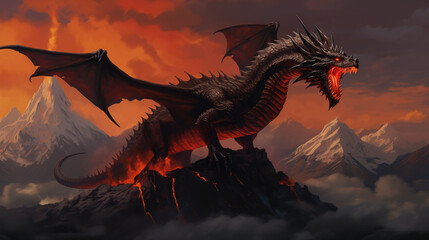 black dragon standing in top of mountain with red light sky  - obrazy, fototapety, plakaty