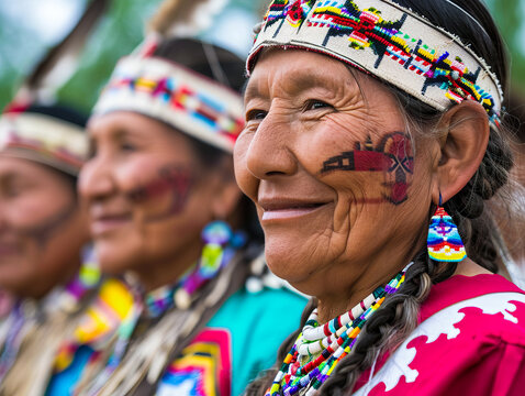 Smiling native indigenous people of Canada dressed in colorful native clothes