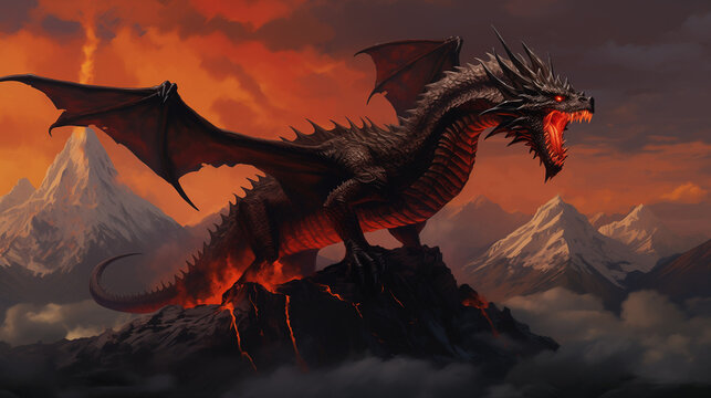 black dragon standing in top of mountain with red light sky 