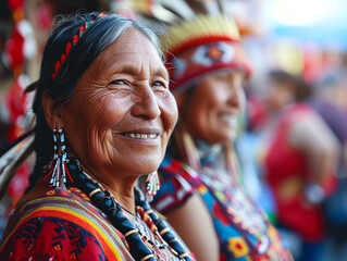 Smiling native indigenous people of Canada dressed in colorful native clothes