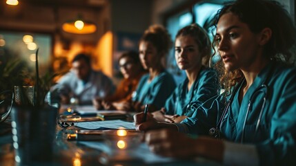 A bokeh-heavy photo of a medical team gathered for a meeting, conveying the collaborative and supportive nature of the healthcare profession on Medical Worker's Day. [Bokeh effect 